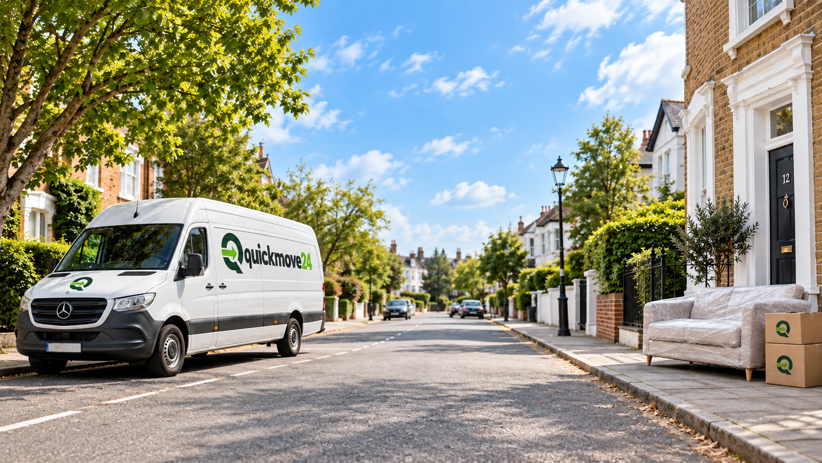 Quickmove24 branded van with furniture and parcels on a British residential street